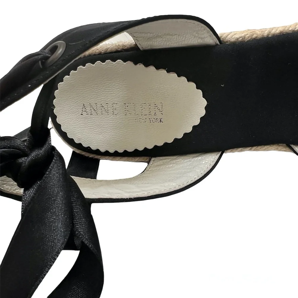 ANNE KLEIN BLACK SATIN WEDGE PEEP TOE ESPADRILLES W SATIN ANKLE WRAP & CRYSTALS